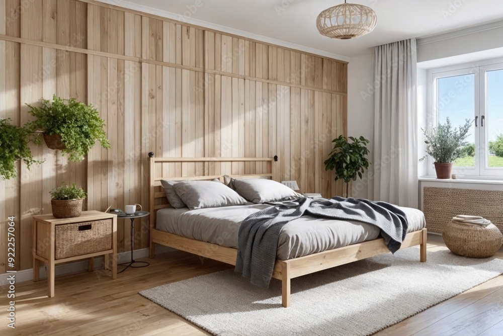 Fototapeta premium A bedroom with a wooden wall and a white curtain