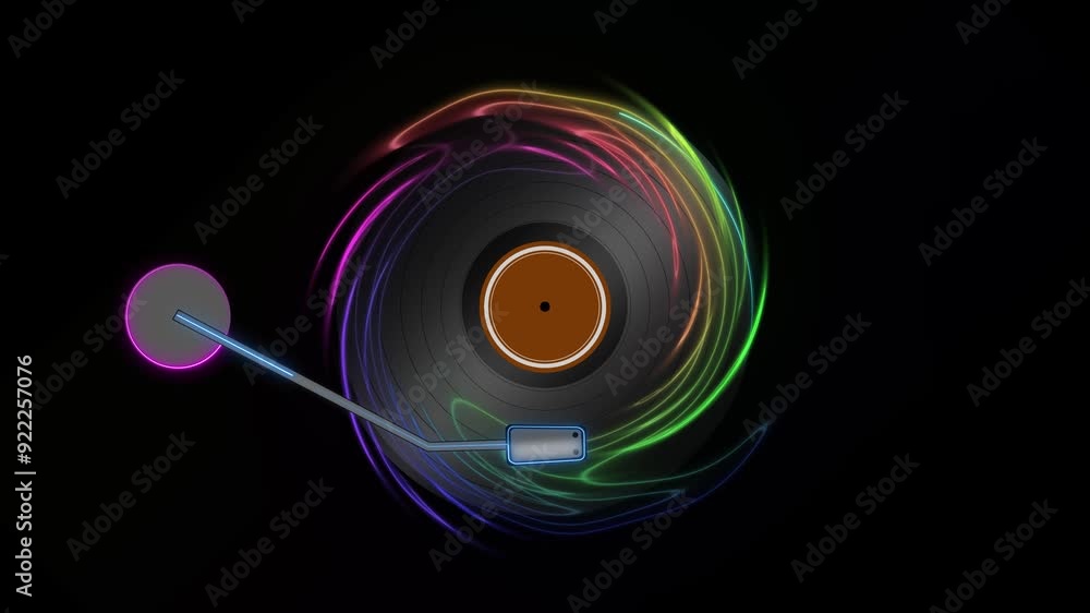 Beautiful modern neon animation with retro vinyl music rotating on black background Beautiful modern neon animation with retro vinyl music rotating on black background
