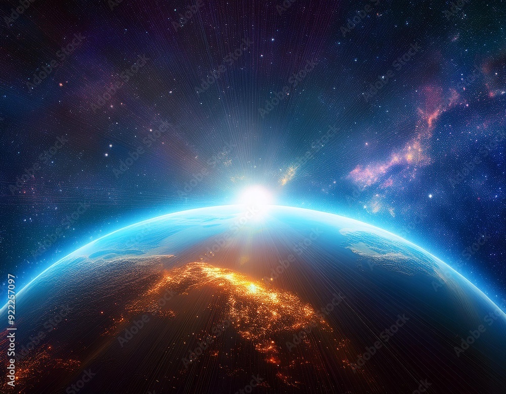 Earth in space view with shining sunrise in universe and galaxy background Earth in space view with shining sunrise in universe and galaxy background