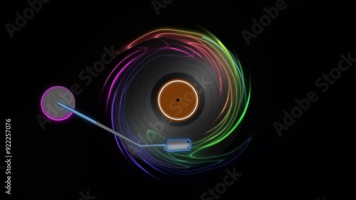 Beautiful modern neon animation with retro vinyl music rotating on black background photo