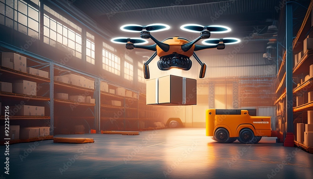 Flying delivery drone transferring parcel box from distribution ...