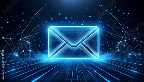 Futuristic blue express envelope and parcel abstract technology background. Business quantum internet network communication and high speed parcel delivery and email text sending message service