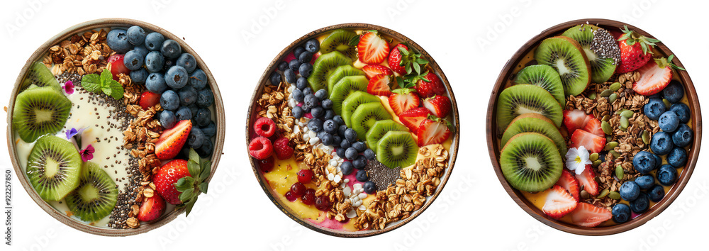 Fototapeta premium Set of Vibrant Smoothie Bowls with Fresh Fruits, Granola, and Chia Seeds, Isolated on Transparent Background