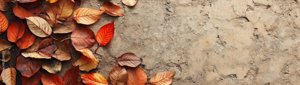 Tranquil Autumn Scene with Scattered Leaves on Clean Background, Copy Space on Right for Text Design. Tranquil Autumn Scene with Scattered Leaves on Clean Background, Copy Space on Right for Text Design.