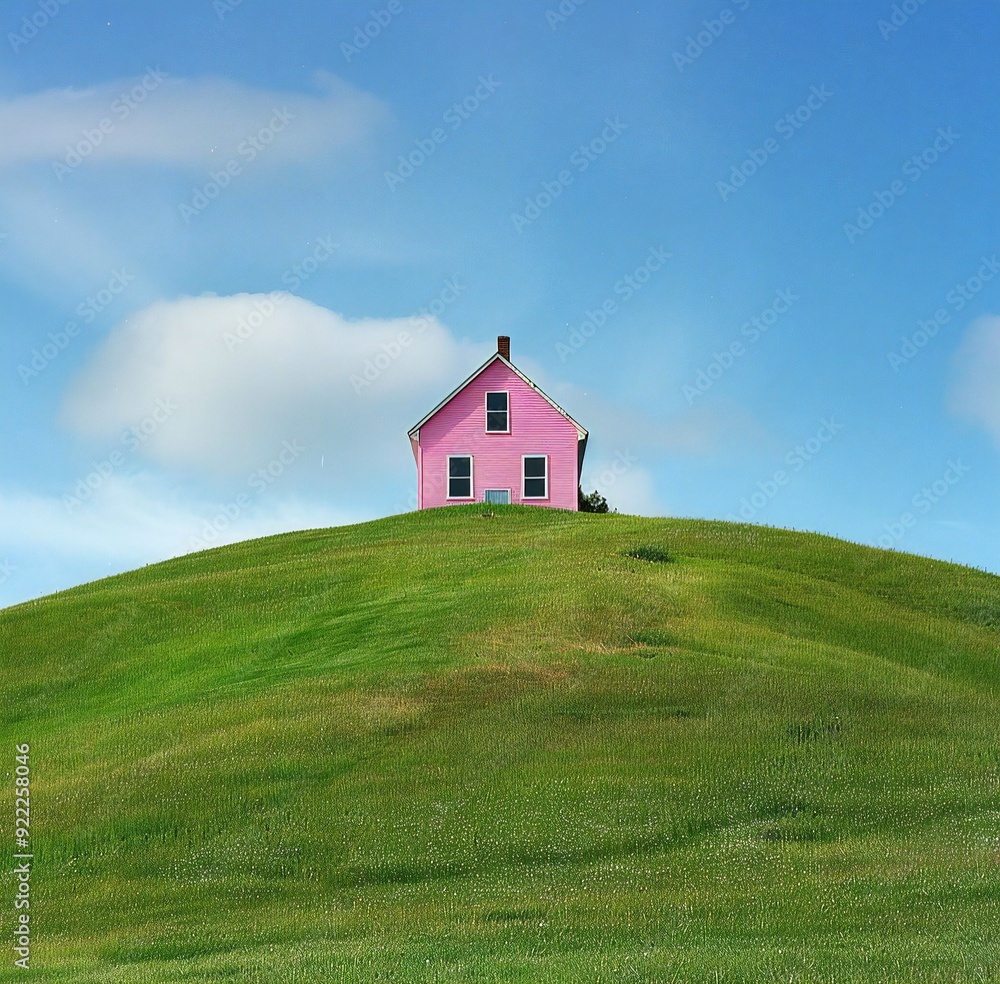 a pink house on a hill with a blue sky a pink house on a hill with a blue sky