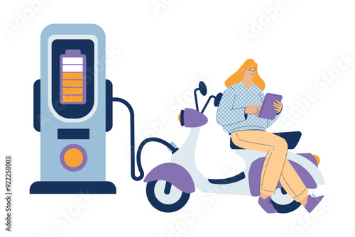 Electric Transport with Woman Character Charge Motor Scooter Vector Illustration