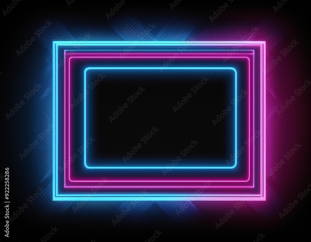 Square rectangle picture frame with two tone neon color motion graphic on isolated black background. Blue and pink light moveing for overlay element. 3D illustration rendering. Empty copy space middle Square rectangle picture frame with two tone neon color motion graphic on isolated black background. Blue and pink light moveing for overlay element. 3D illustration rendering. Empty copy space middle