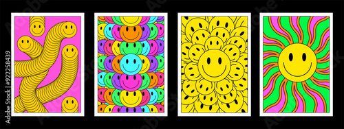 Set Of Cool Y2k Smile Posters Pop Art Design. Trendy Groovy Psychedelic Illustrations. Collection Of Acid Rave Patterns.