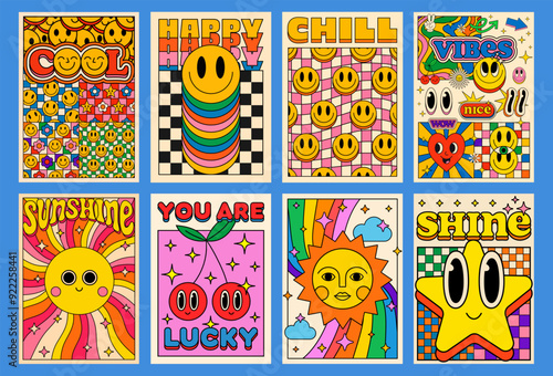 Collection Of Cool 70s Groovy Posters. Set Of Retro Vintage Psychedelic Funky Placards. Y2k Comic Funny Smile Characters.