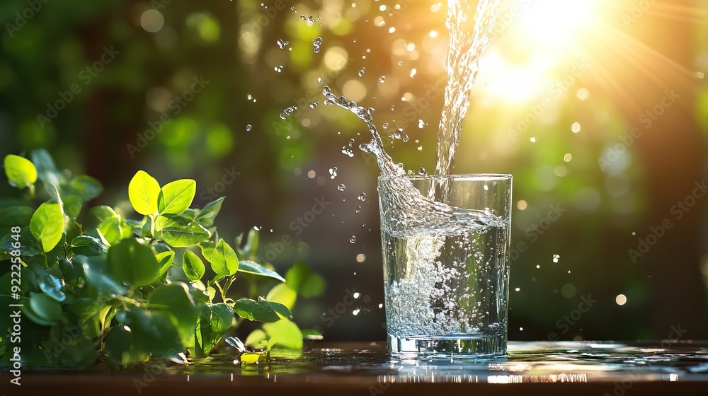 Pouring Fresh Water into a Glass with Sunlit Greenery in the Background. Fresh clean drinking water. AI generated image Pouring Fresh Water into a Glass with Sunlit Greenery in the Background. Fresh clean drinking water. AI generated image
