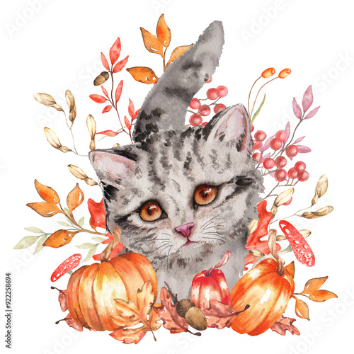 Watercolor cat fall autumn icomposition llustration for paper print cards