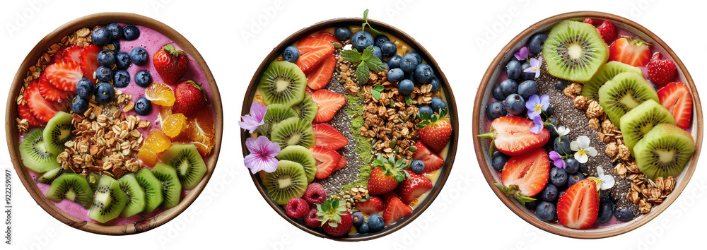 Set of Vibrant Smoothie Bowls with Fresh Fruits, Granola, and Chia Seeds, Isolated on Transparent Background Set of Vibrant Smoothie Bowls with Fresh Fruits, Granola, and Chia Seeds, Isolated on Transparent Background