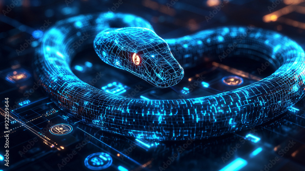 Obraz premium Technological Snake Coiled Around Virtual Control Panel with Neon-Blue Lines and Circuit Board Patterns for Automation Processes, Copy Space on the Left