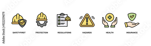 Work safety banner web icon vector illustration for occupational safety and health at work with safety first, protection, regulations, hazards, health, and insurance icon