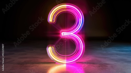 Neon number three in 3D, glowing line within glass symbol