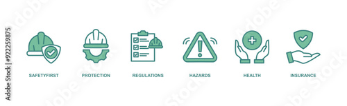 Work safety banner web icon vector illustration for occupational safety and health at work with safety first, protection, regulations, hazards, health, and insurance icon