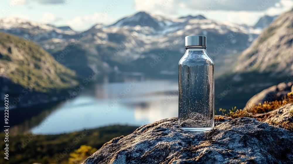 Bottle of still clean water on top of rock. Mountain, lake, river, and forest Background. AI generated image Bottle of still clean water on top of rock. Mountain, lake, river, and forest Background. AI generated image