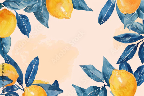 Watercolor illustration of yellow lemons with blue leaves on peach background photo