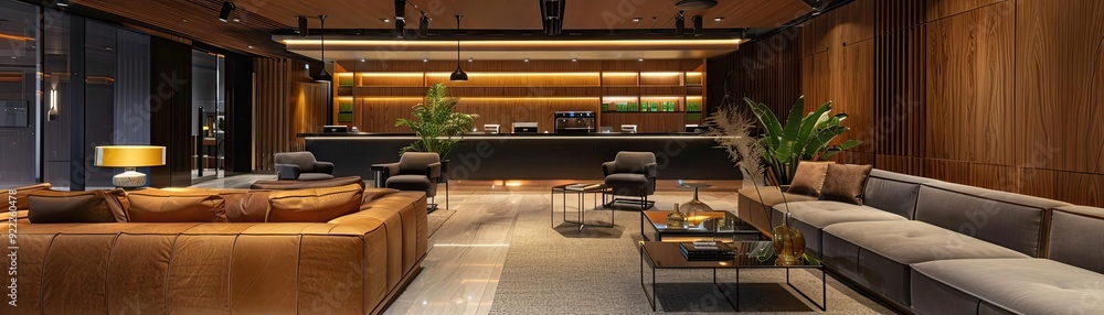 Modern interior of a stylish lounge with wood accents, cozy seating, and contemporary decor, perfect for relaxation and socializing. Modern interior of a stylish lounge with wood accents, cozy seating, and contemporary decor, perfect for relaxation and socializing.