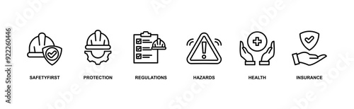 Work safety banner web icon vector illustration for occupational safety and health at work with safety first, protection, regulations, hazards, health, and insurance icon
