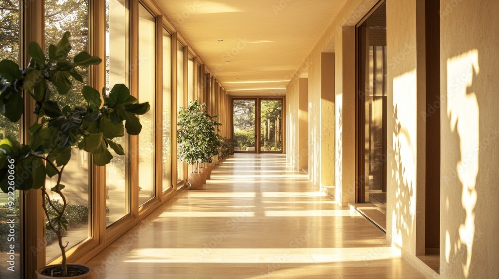 Sunlight Streaming Through Windows in a Modern Hallway Sunlight Streaming Through Windows in a Modern Hallway