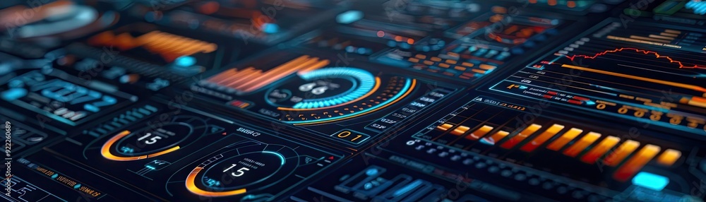 Futuristic dashboard interface with colorful data visualizations, graphs, and gauges for technology and analytics themes. Futuristic dashboard interface with colorful data visualizations, graphs, and gauges for technology and analytics themes.