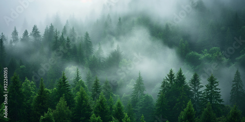 Fototapeta Naklejka Na Ścianę i Meble -  Aerial view of a misty fir forest with glowing sun light a foggy, nature landscape at sunrise. A scenic dreamy dawn background
