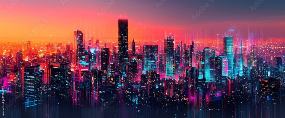 An abstract city and dots connect with gradient lines and wavy lines, illustrating a technology concept of big data connection. An abstract city and dots connect with gradient lines and wavy lines, illustrating a technology concept of big data connection.