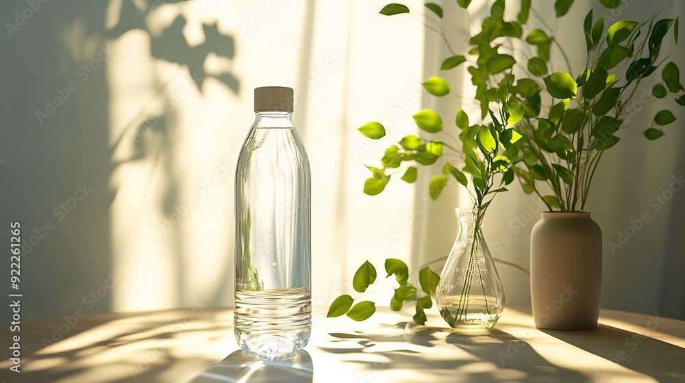 Minimalist Scene with a Water Bottle and Flowers in a Vase. Clean drinking water. AI generated image Minimalist Scene with a Water Bottle and Flowers in a Vase. Clean drinking water. AI generated image
