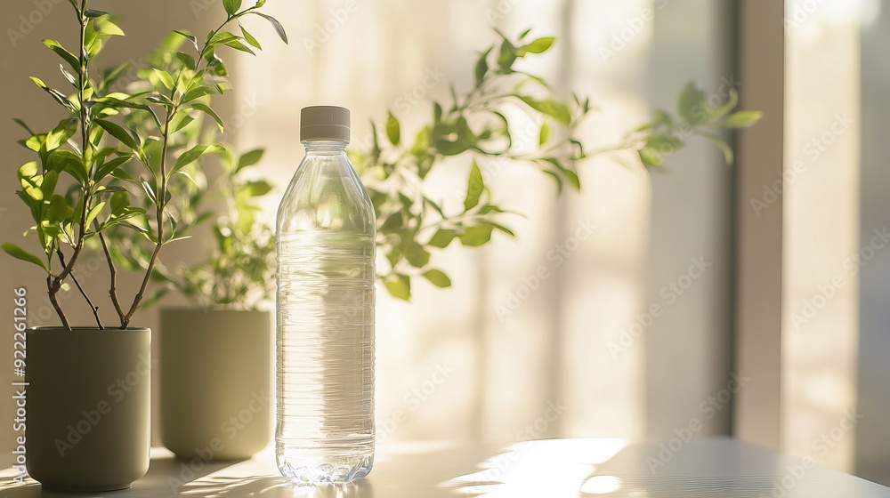 Minimalist Scene with a Water Bottle and Flowers in a Vase. Clean drinking water. AI generated image Minimalist Scene with a Water Bottle and Flowers in a Vase. Clean drinking water. AI generated image