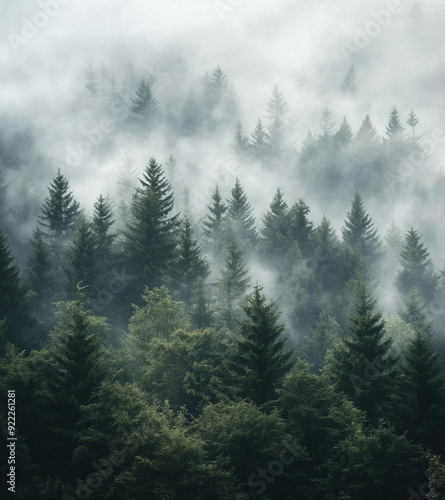 Fototapeta Naklejka Na Ścianę i Meble -  Aerial view of a misty fir forest with glowing sun light a foggy, nature landscape at sunrise. A scenic dreamy dawn background
