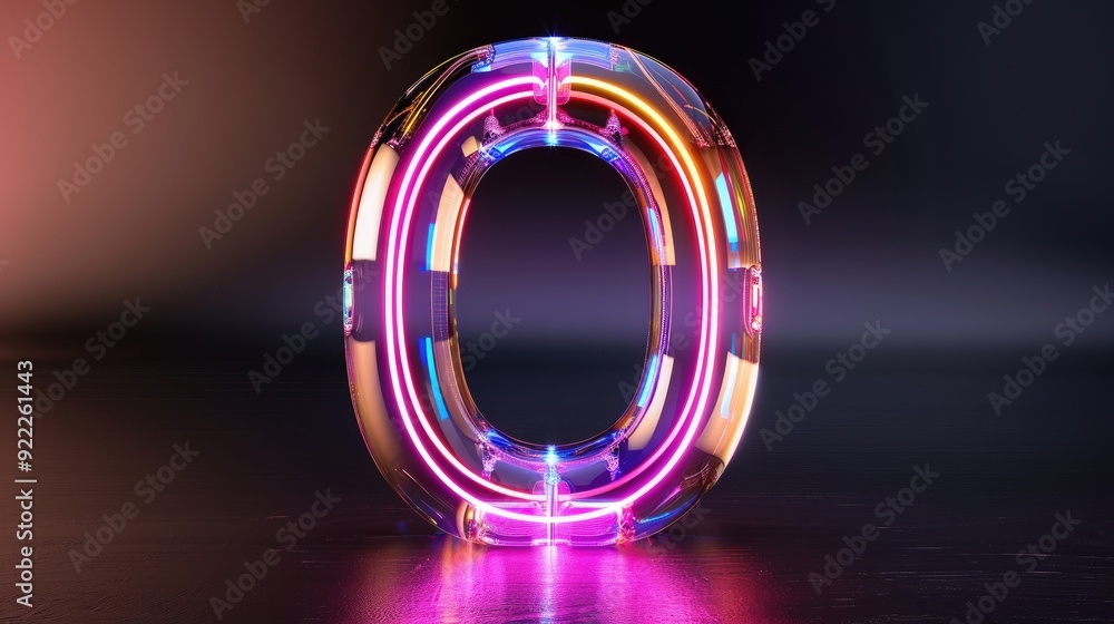 3D rendering of neon zero, glowing line within glass symbol 3, top chart overview 3D rendering of neon zero, glowing line within glass symbol 3, top chart overview