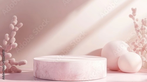 A pink pedestal with a white ball on top of it