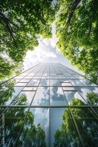 A tall glass building surrounded by lush green trees, reflecting the surrounding nature and creating an eco-friendly atmosphere. A low angle shot captures its towering presence from below photo