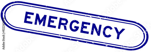 Grunge blue emergency word rubber seal stamp on white background