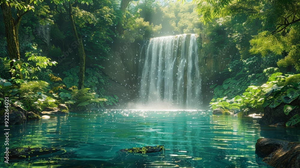 Tranquil Forest Oasis with Waterfall and Crystal-Clear Pond in Lush Greenery Tranquil Forest Oasis with Waterfall and Crystal-Clear Pond in Lush Greenery
