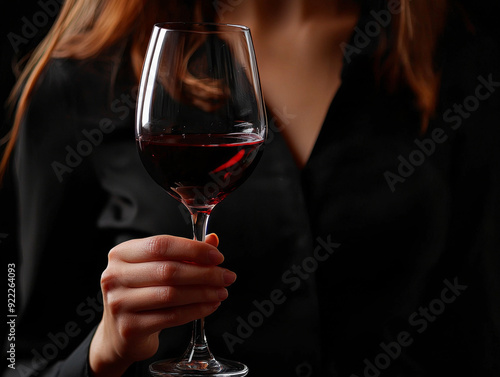 A woman is holding a wine glass with a red liquid in it