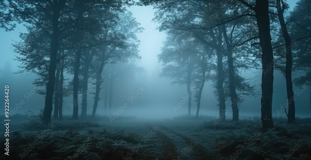 A Foggy Forest Path Under a Blue Sky A Foggy Forest Path Under a Blue Sky