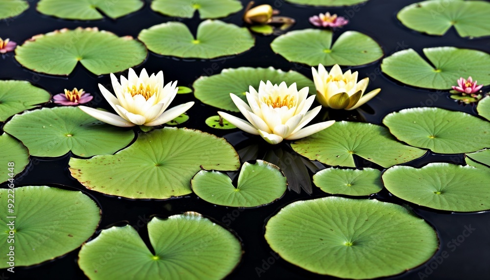 A high-resolution close-up photograph of lily pads and their blossoms on a mirror-like surface of water. A high-resolution close-up photograph of lily pads and their blossoms on a mirror-like surface of water.