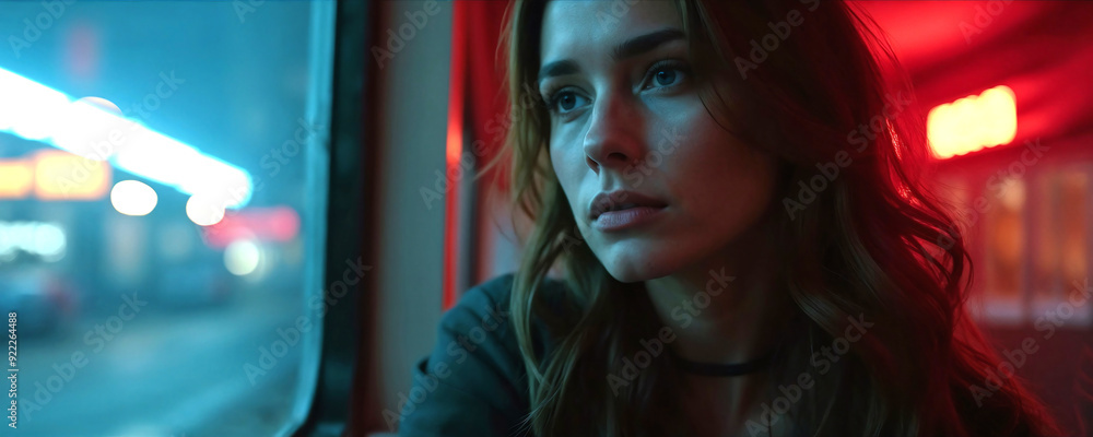 Portrait of Depressed Young Woman Looking Behind a Bus Window. Copy space.