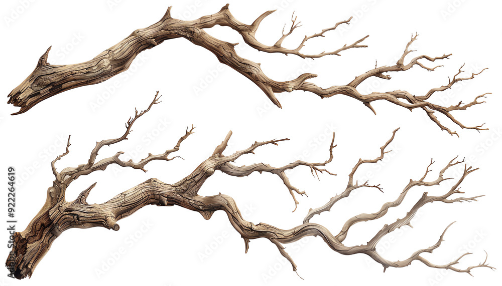 Three dry branches, twisted shapes, realistic, isolated, detailed texture Three dry branches, twisted shapes, realistic, isolated, detailed texture