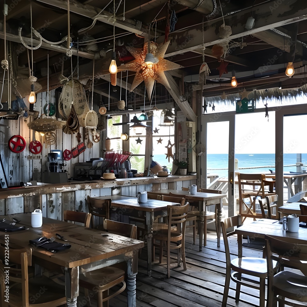 Fototapeta premium Cozy beachside restaurant interior with rustic decor and ocean view.