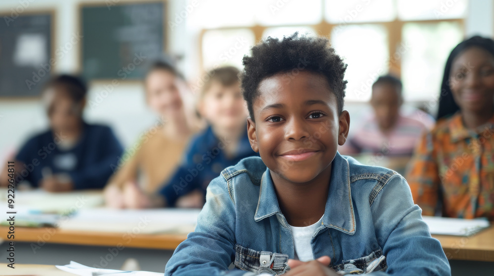 Smiling Young African American Boy in Classroom with Students. Day care studies. Generative ai Smiling Young African American Boy in Classroom with Students. Day care studies. Generative ai