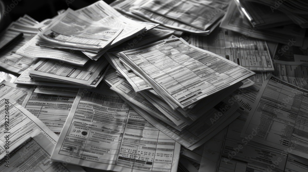 Obraz premium A chaotic pile of documents showcases the disorder of paperwork, symbolizing the stress of administrative tasks.