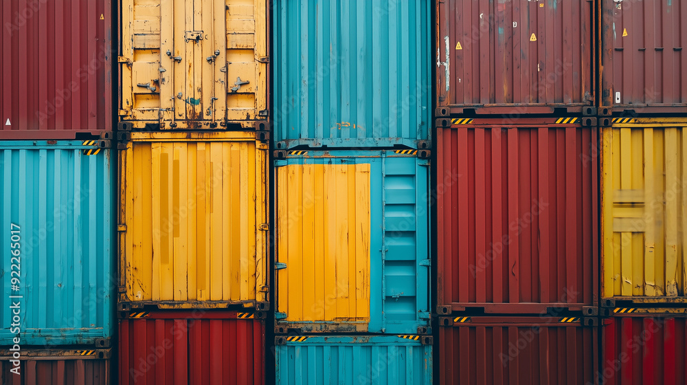 Fototapeta premium containers in port, stacked containers, various colored containers