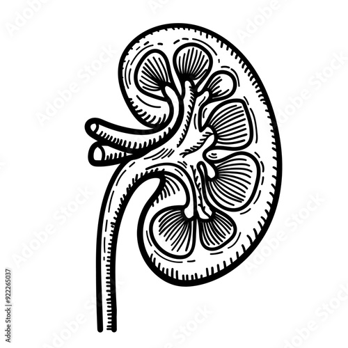 Illustration of kidney drawing, in line art style, organ, human, drawing, vector