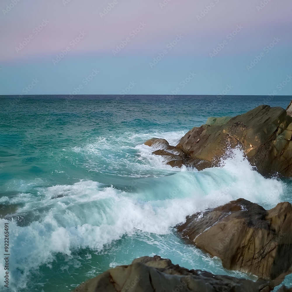 Pastel waves crashing on a cool rocky shore Pastel waves crashing on a cool rocky shore