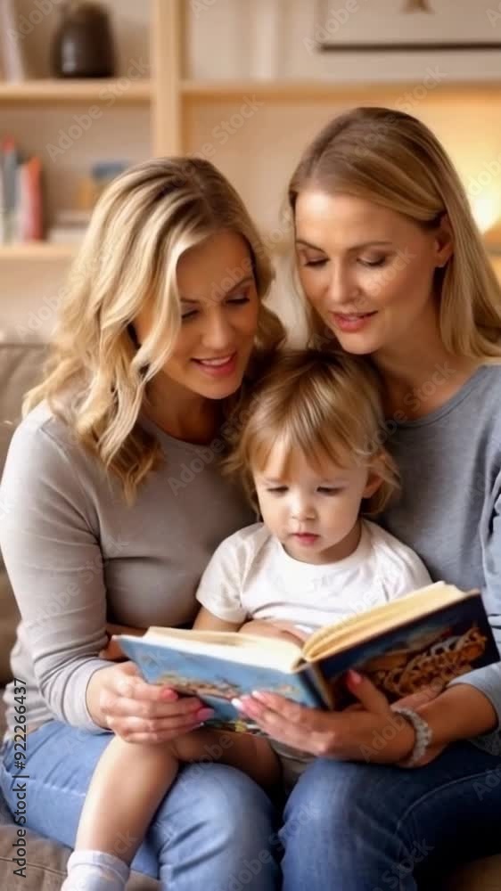 Young lesbian couple sitting on a sofa with their son, are reading a storybook to their child. Young lesbian couple sitting on a sofa with their son, are reading a storybook to their child.
