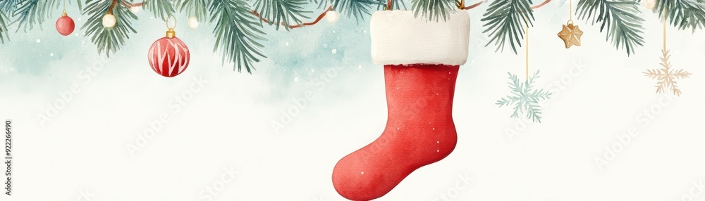 Christmas sock dangling from a tree branch, bathed in the mystical light of a magical night, stars twinkling above, in soft and dreamy watercolor Christmas sock dangling from a tree branch, bathed in the mystical light of a magical night, stars twinkling above, in soft and dreamy watercolor