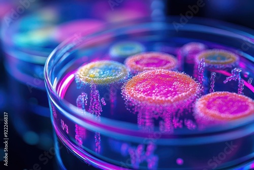 Microscopic 3D view of bacterial colonies in a petri dish, highly detailed lab experiment, with vibrant colors highlighting bacterial growth. photo